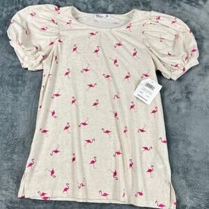 89th + Madison Women's Top S Pink Flamingo Print Puff Sleeve NWT